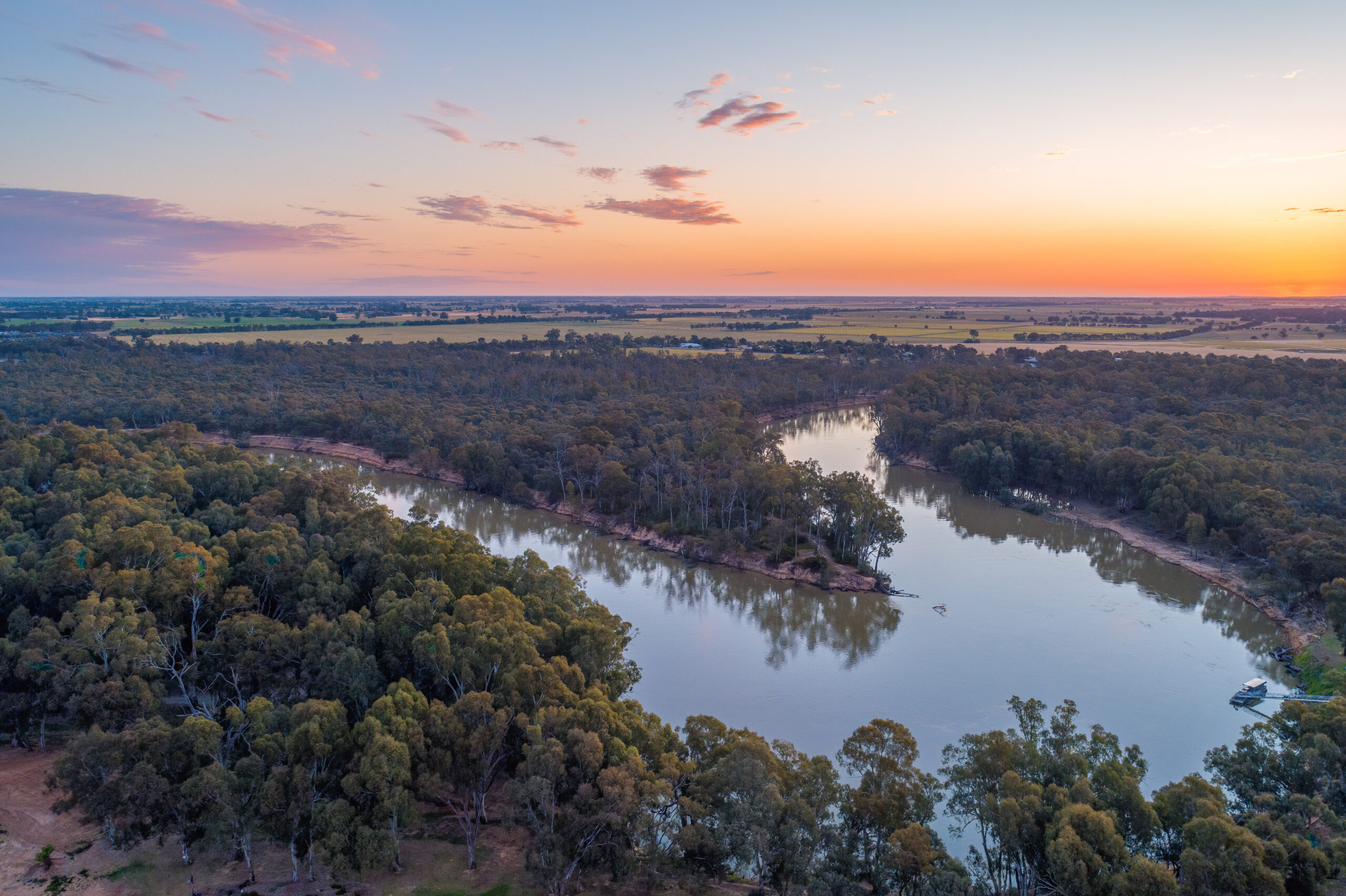 Murray River bend at sunset. Moama, New South Wales, Australia